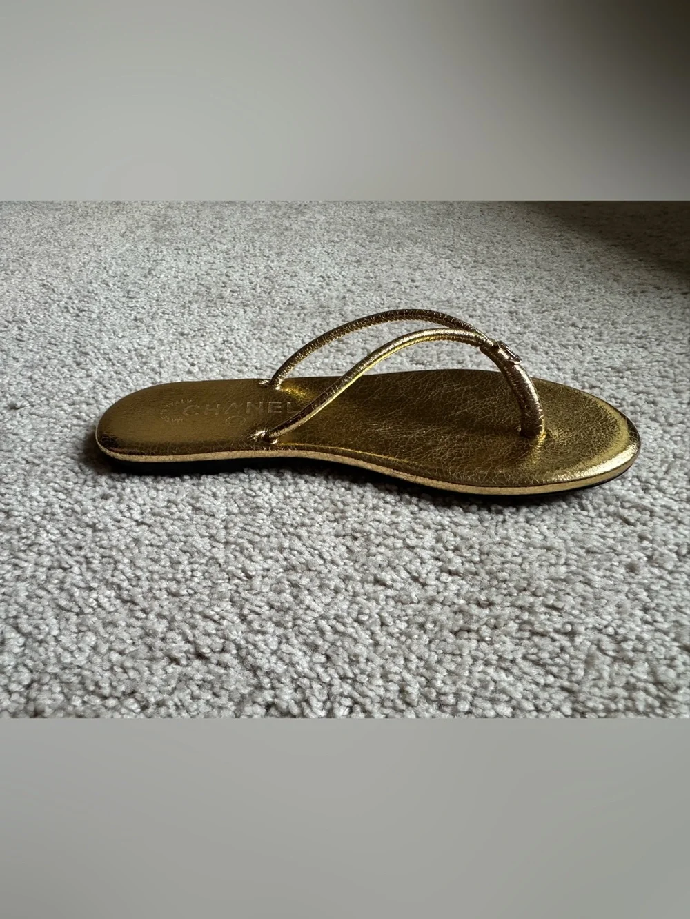26S Chanel Thong Sandals, Laminated Gold Calfskin, Size 38